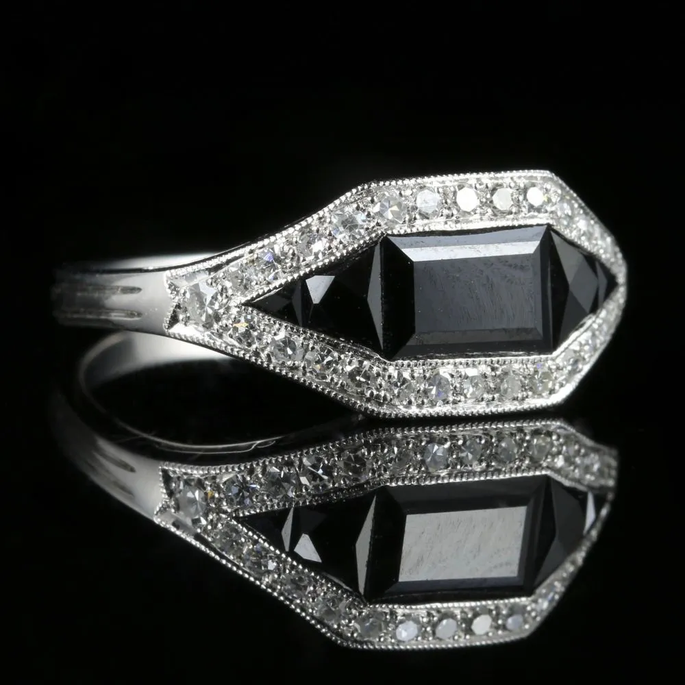 Antique Art Deco Diamond Onyx Ring 18Ct White Gold