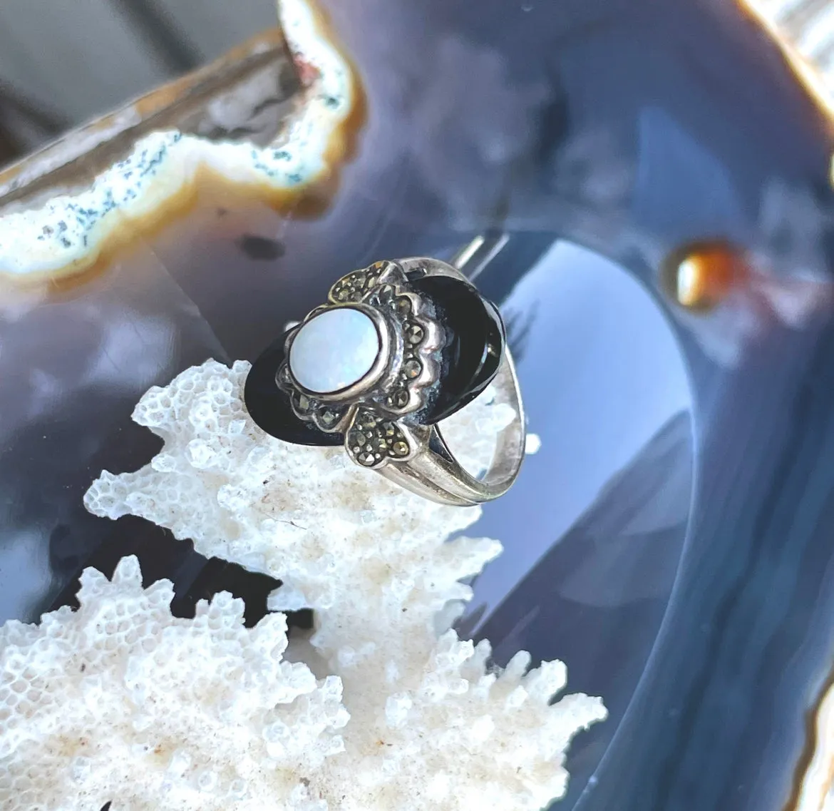 Antique Art Deco Sterling Silver Marcasite Black Onyx & Opal Stone Ring Size 7