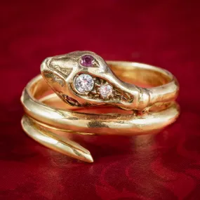 Antique Edwardian French Diamond Snake Ring With Ruby Eyes