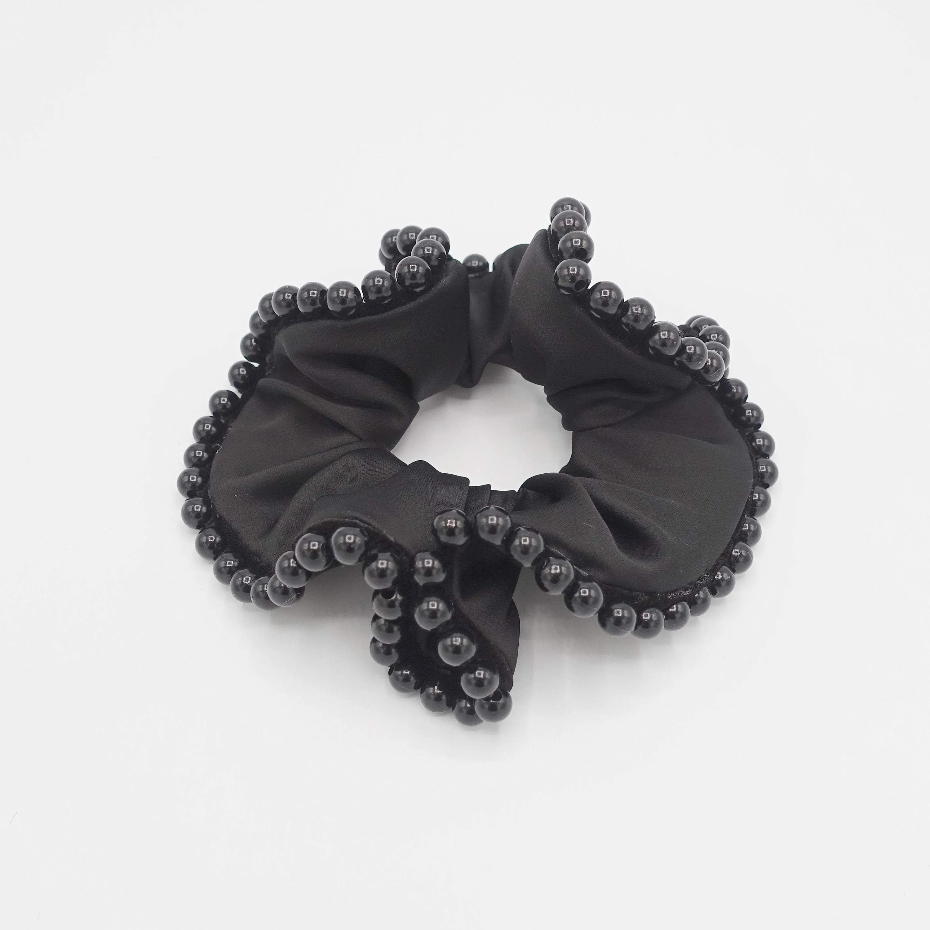 black satin scrunchies sleek pearl ball trim embellished hair elastic scrunchy women hair accessories