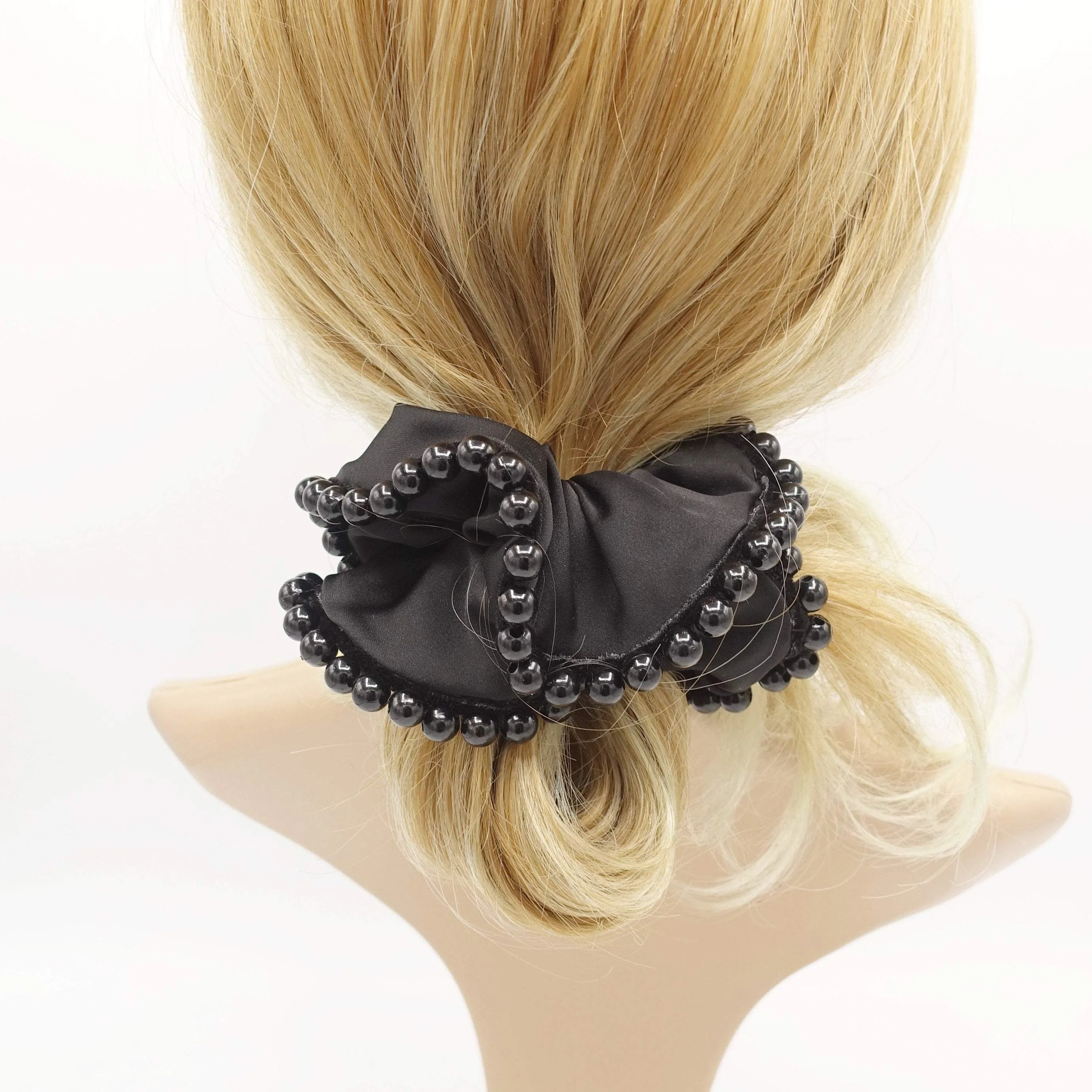 black satin scrunchies sleek pearl ball trim embellished hair elastic scrunchy women hair accessories